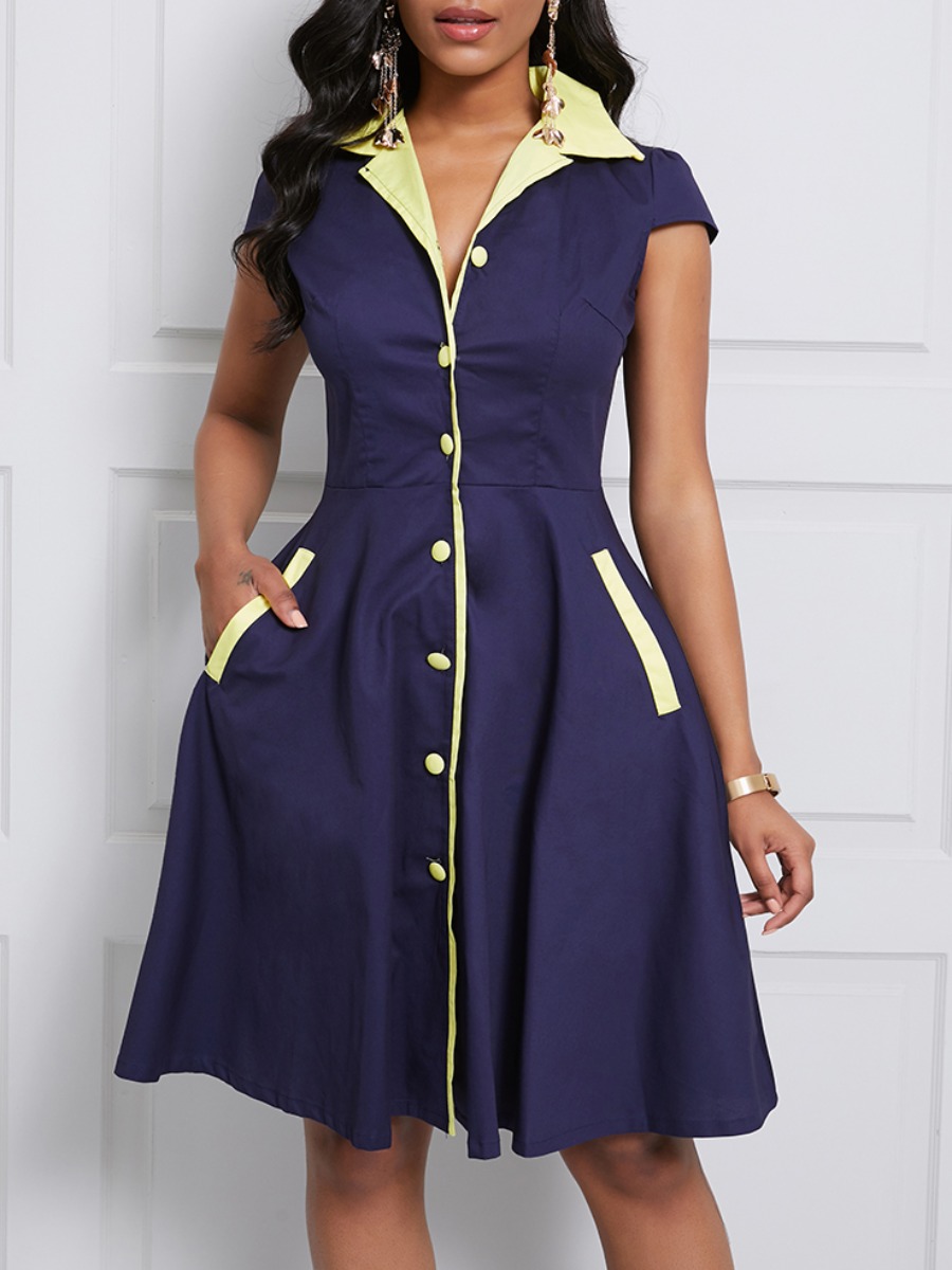 

lovely Casual Turndown Collar Buttons Design Yellow Knee Length Dress
