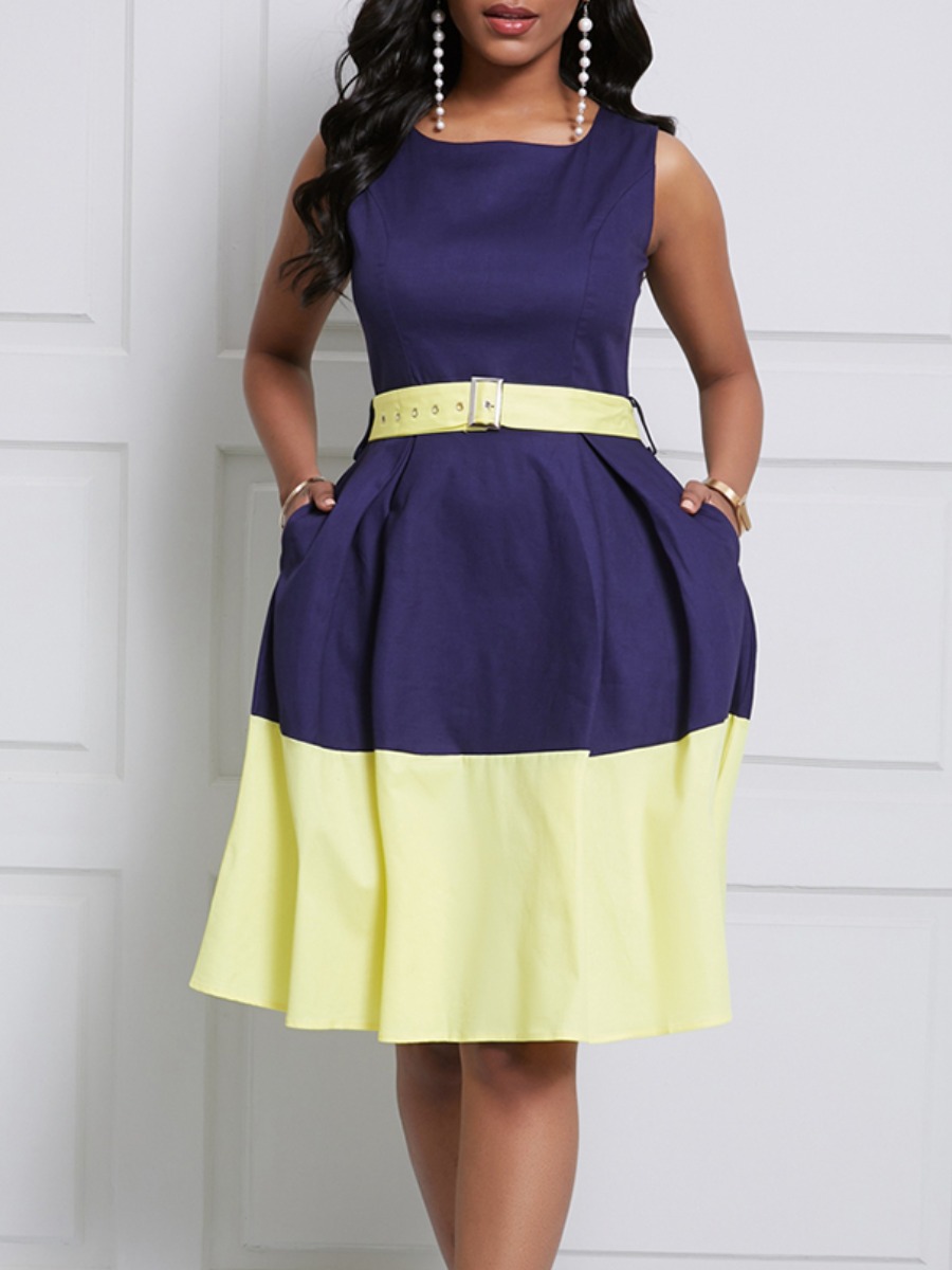 

lovely Casual O Neck Patchwork Yellow Knee Length Dress