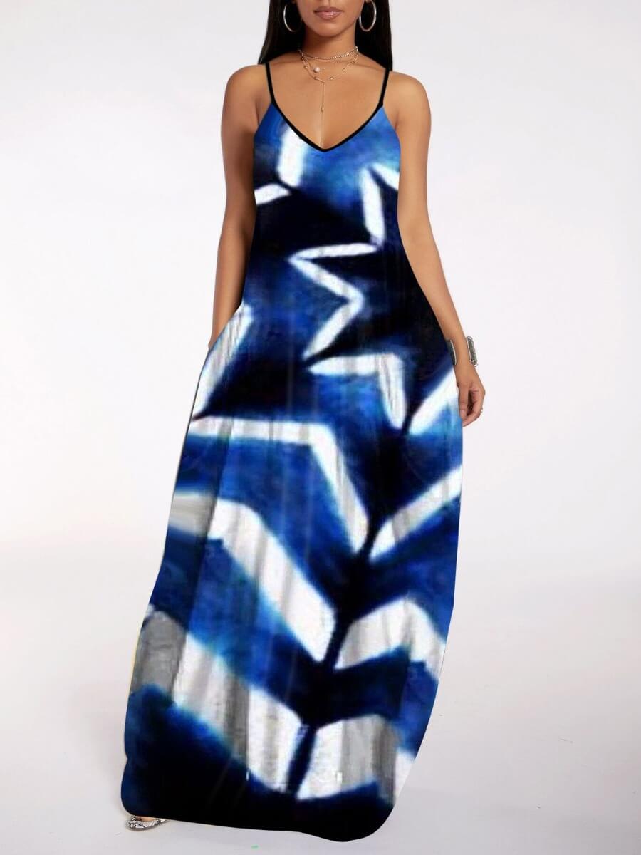 

Lovely Trendy Spaghetti Strap Tie-dye Deep Blue Maxi Dress