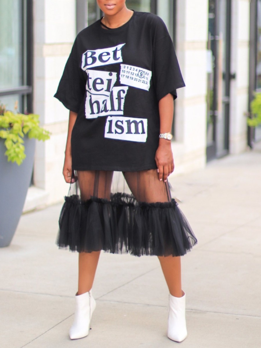 

lovely Street O Neck Letter Patchwork Black Mid Calf Dress