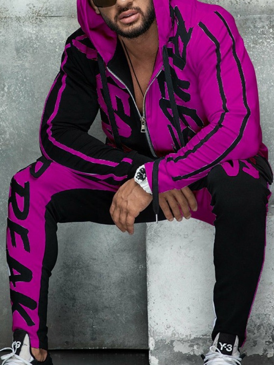 

Men lovely Street Hooded Collar Letter Print Purple Two-piece Pants Set