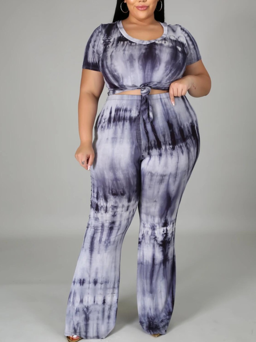 

lovely Casual O Neck Tie-dye Black Plus Size Two-piece Pants Set
