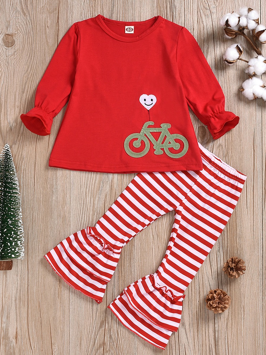 

lovely Casual O Neck Striped Print Red Girl Two-piece Pants Set