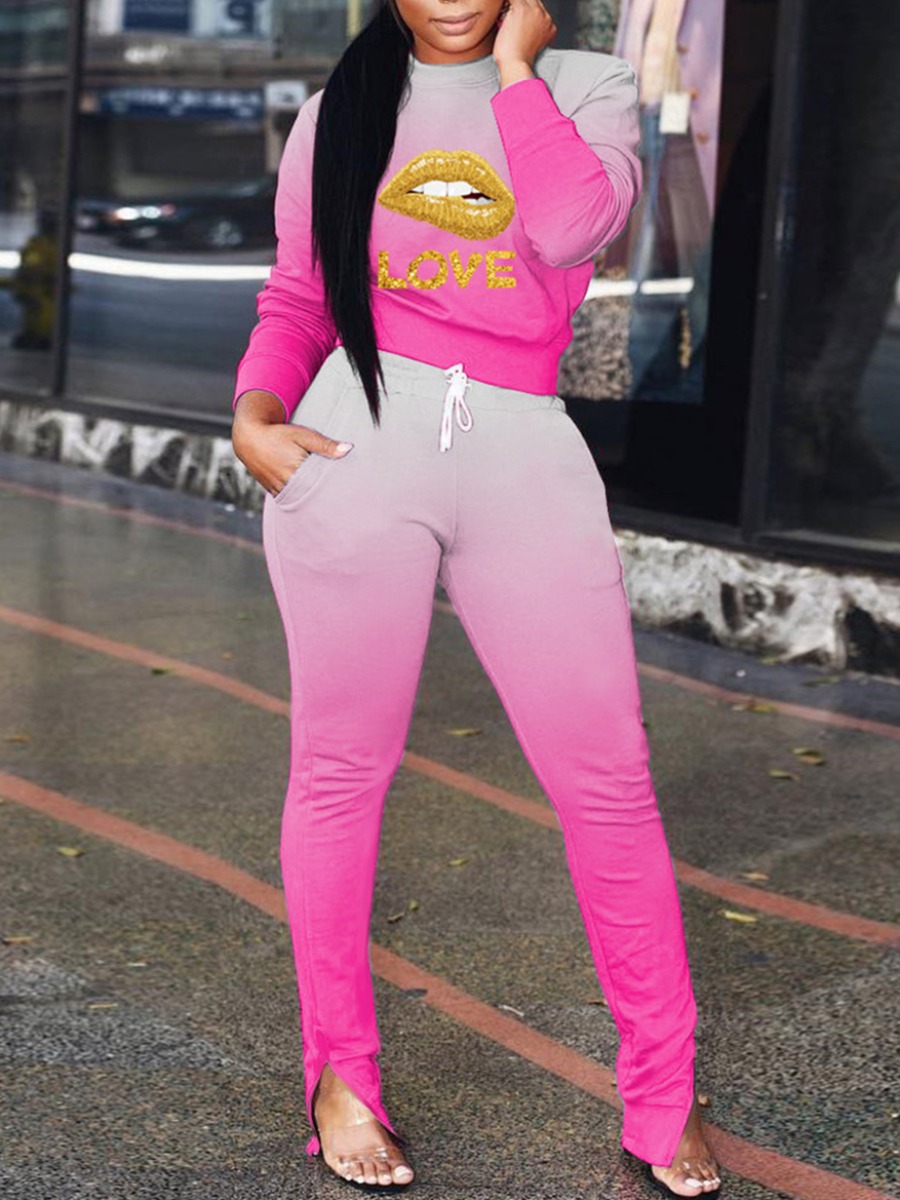 

lovely Casual O Neck Gradient Lip Print Rose Red Two Piece Pants Set