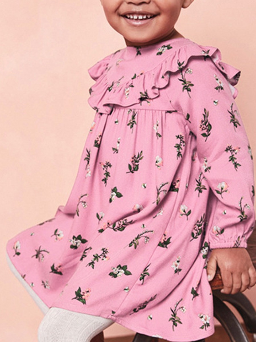 

lovely Sweet O Neck Floral Print Pink Girl Knee Length Dress