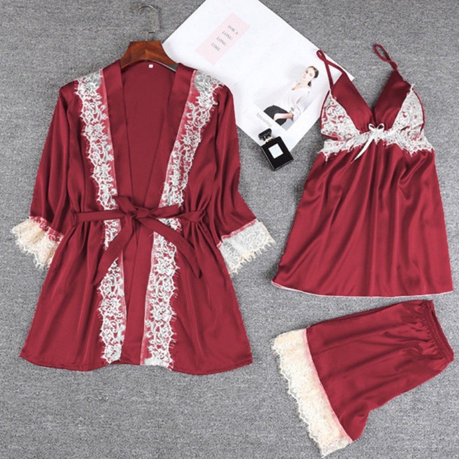 

lovely Cosy Lace Patchwork Wine Red Sleepwear