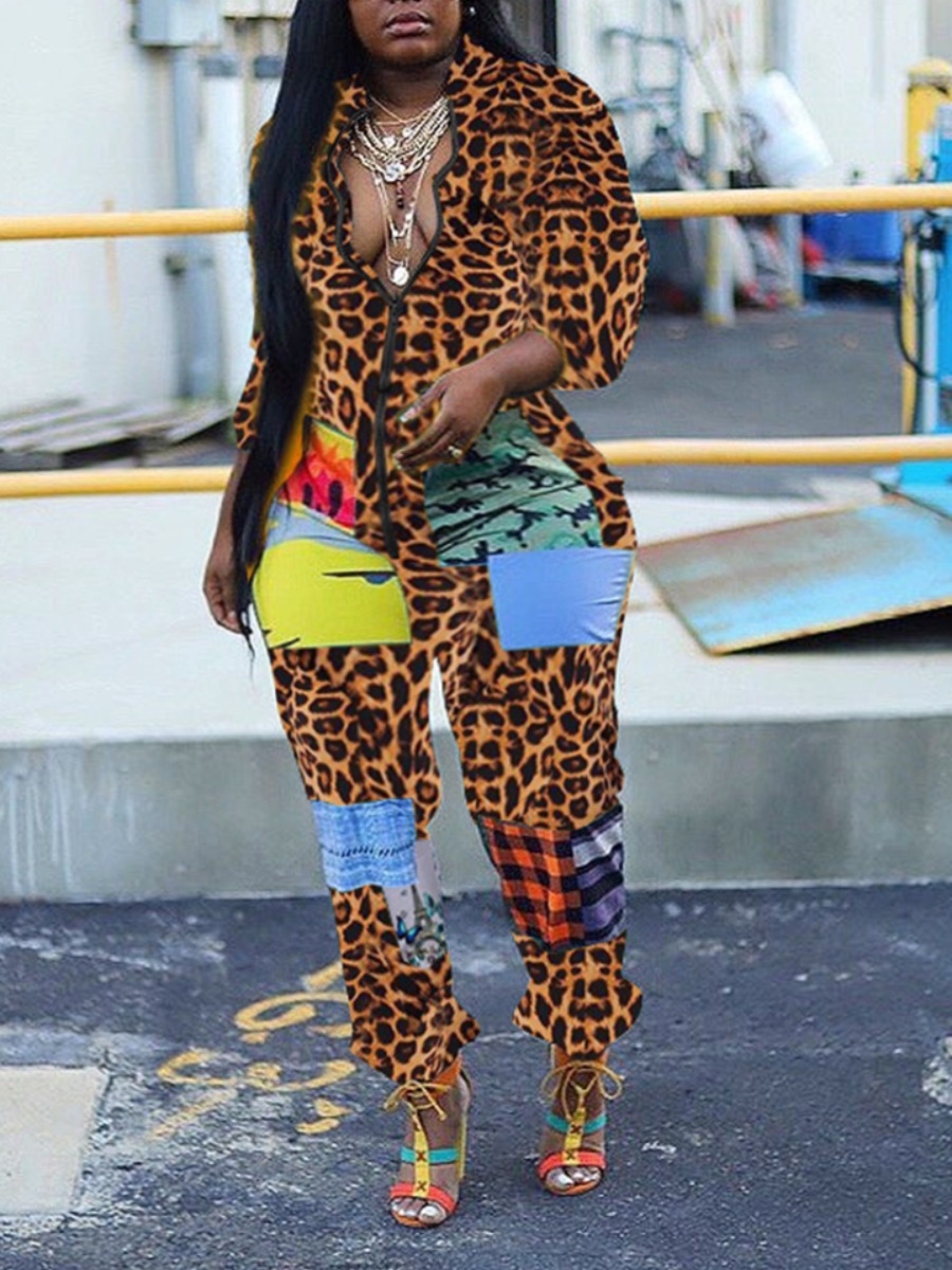 

Lovely Trendy Zipper Design Leopard Print Plus Size One-piece Jumpsuit