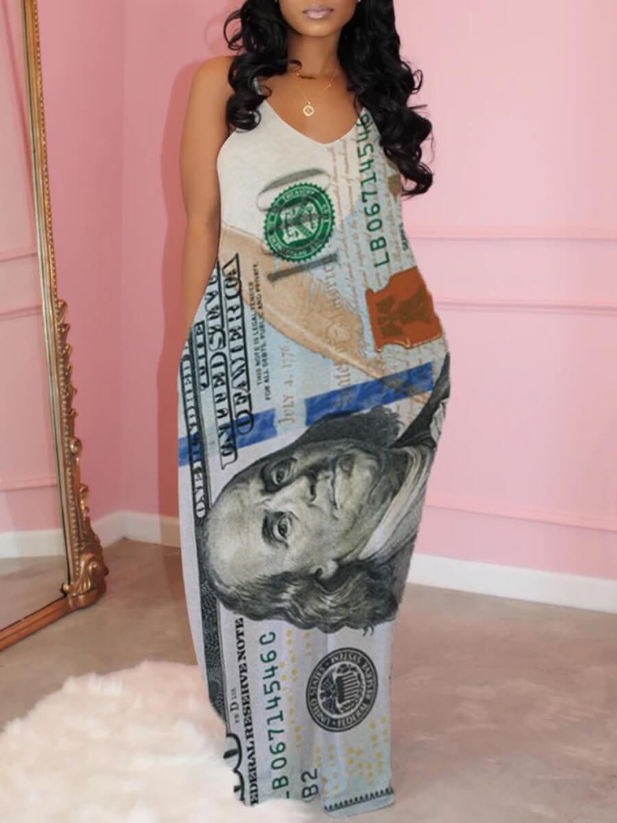LW Plus Size Street Spaghetti Strap Print Grey Maxi Dress