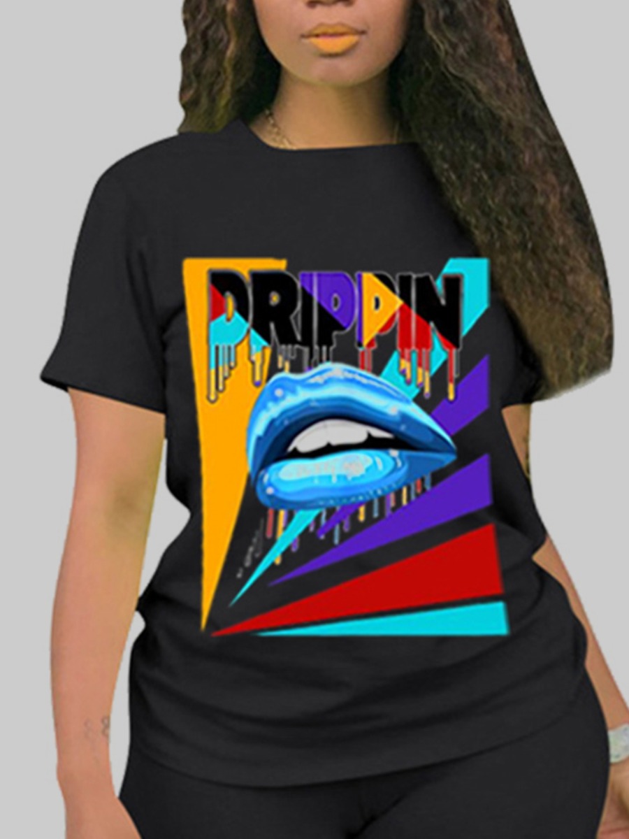 

Lovely Street O Neck Lip Print Black Plus Size T-shirt