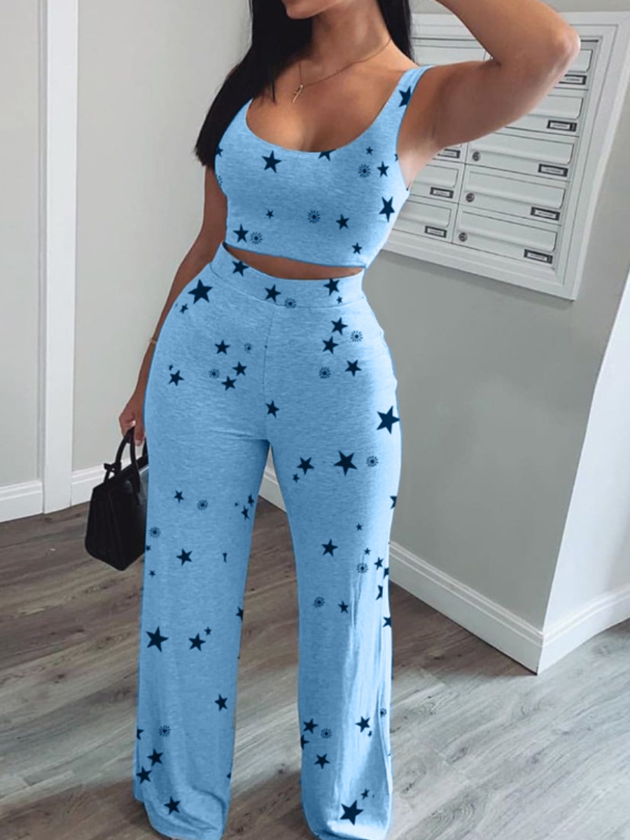 

Lovely Leisure U Neck Pentagram Print Blue Two Piece Pants Set