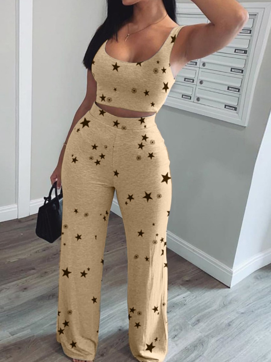 

Lovely Leisure U Neck Pentagram Print Khaki Two Piece Pants Set