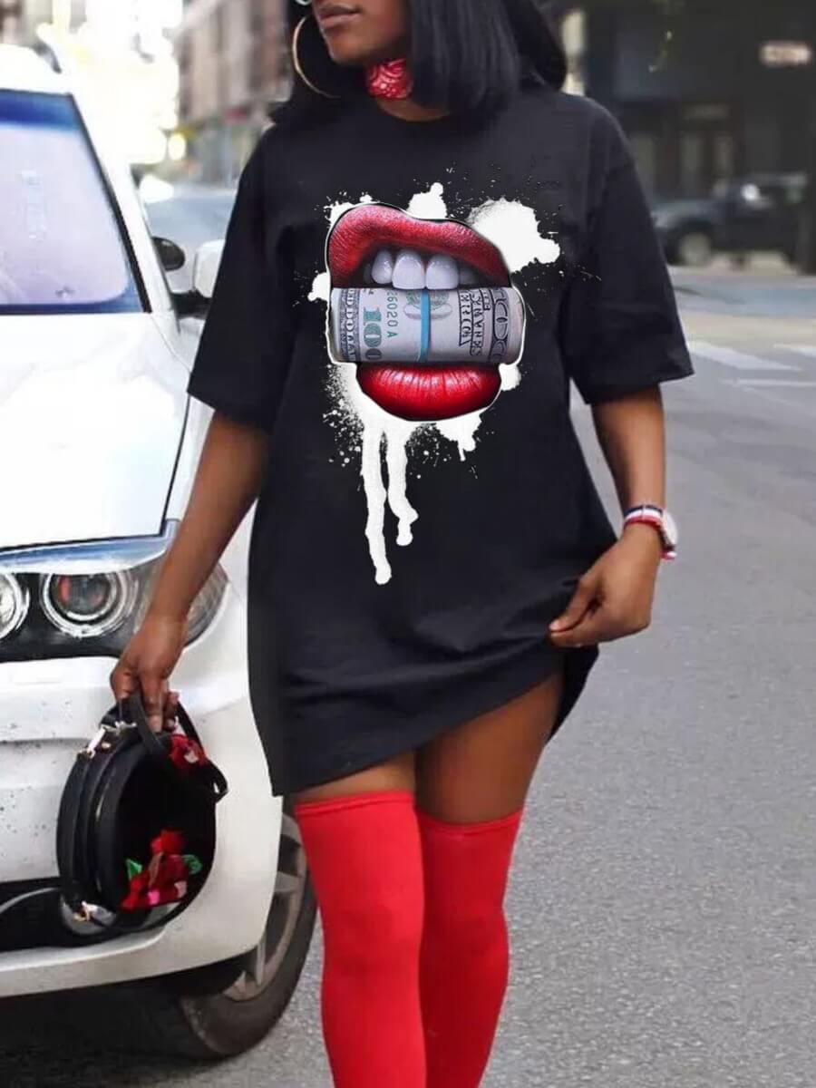 

LW Casual O Neck Lip Print Black Mini T-shirt Dress