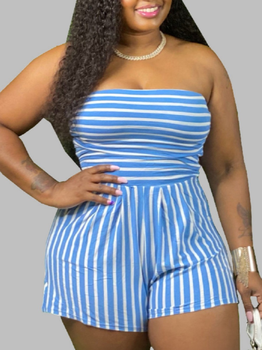 

lovely Trendy Striped Print Blue Plus Size One-piece Romper