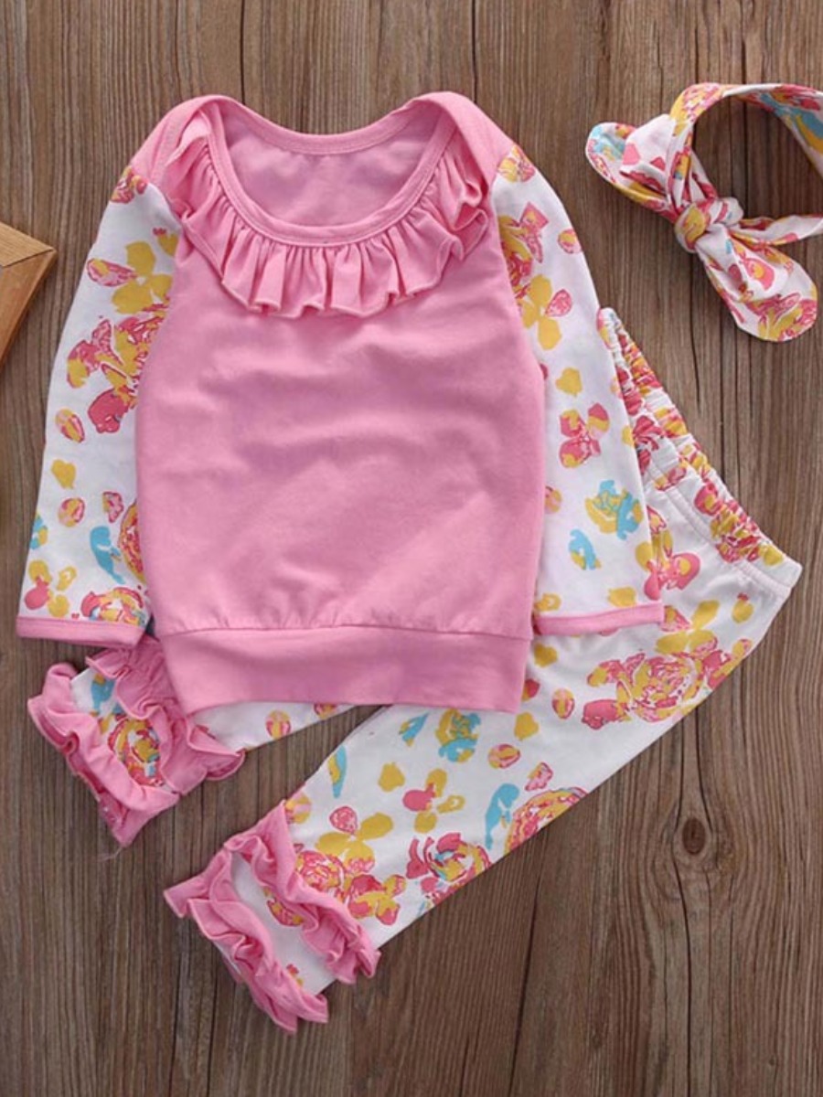 

lovely Casual O Neck Print Patchwork Pink Girl Two-piece Pants Set