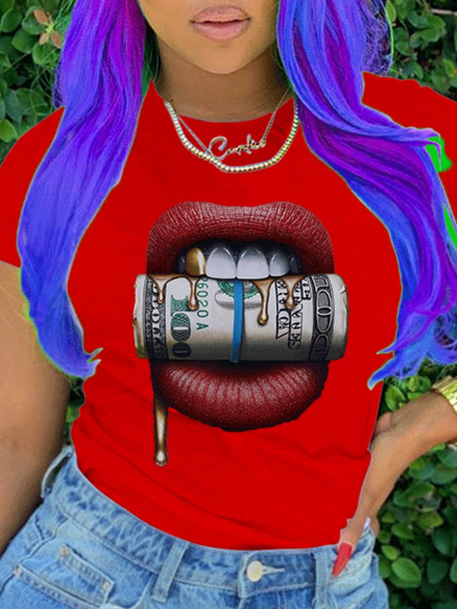 

lovely Casual O Neck Lip Print Red T-shirt