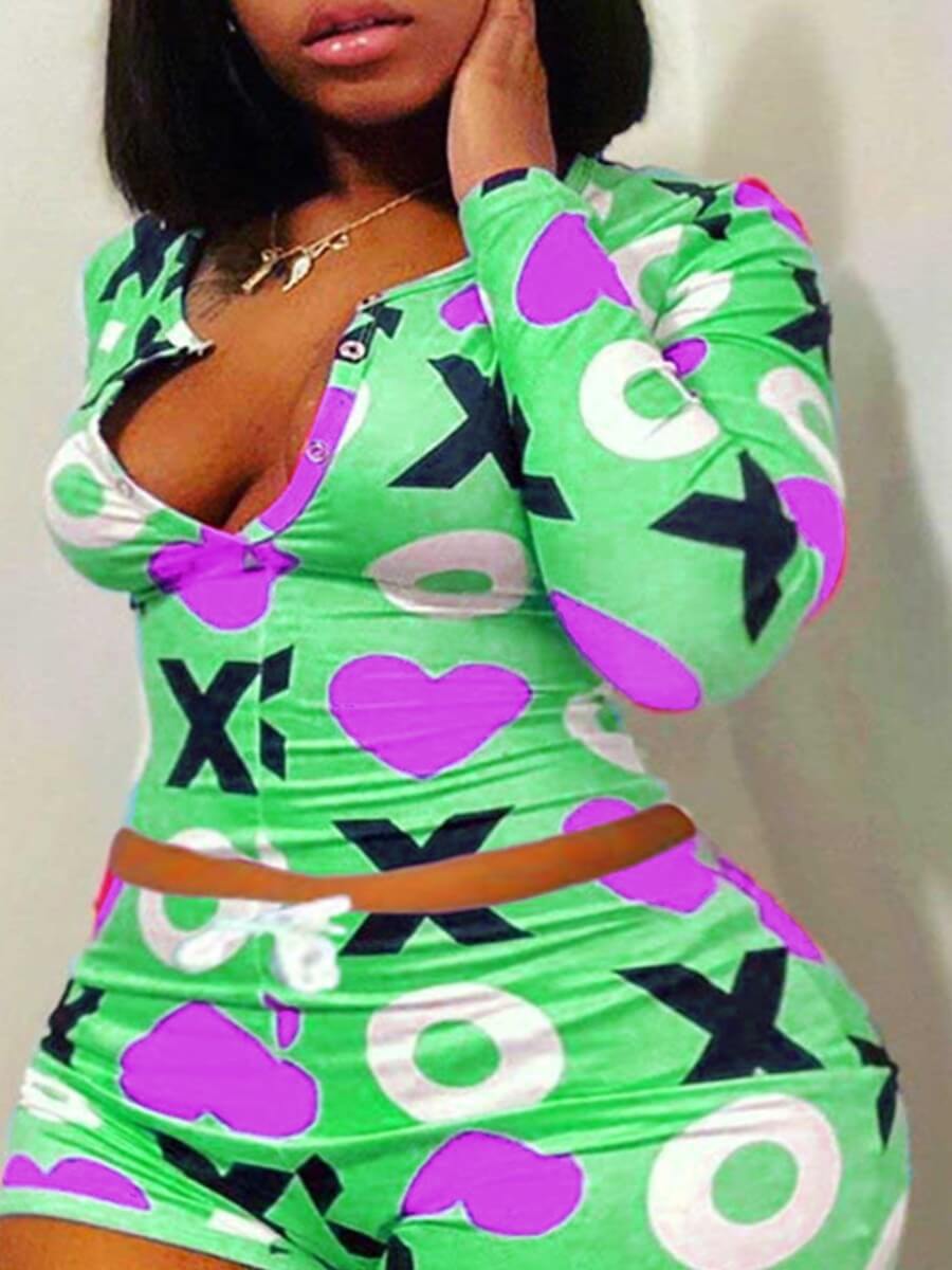 

LW Plus Size Casual Letter Print Green Two-piece Shorts Set