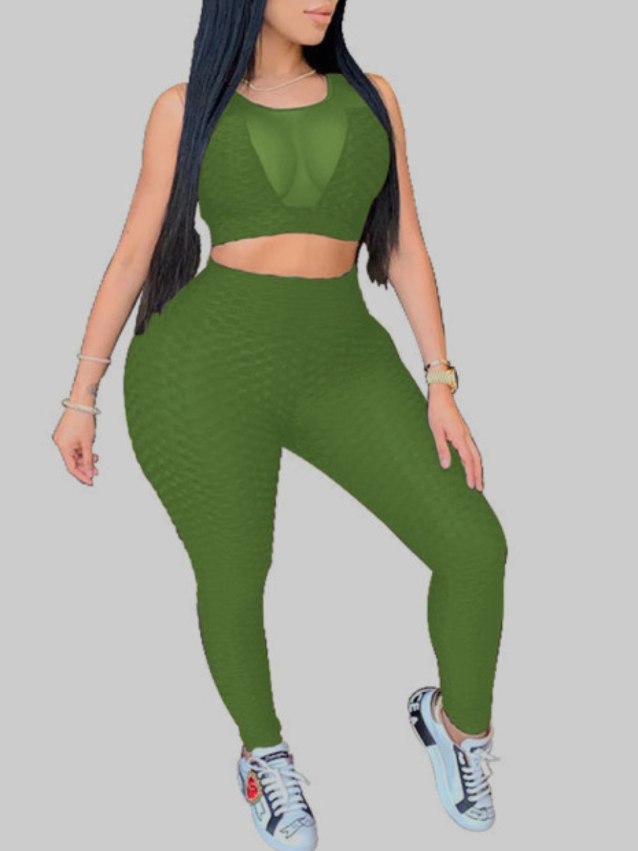 

lovely Sportswear O Neck Patchwork Green Plus Size Two-piece Pants Set
