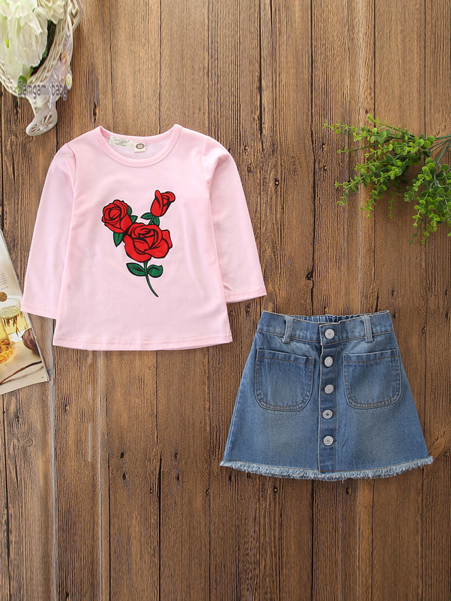 

lovely Casual O Neck Rose Embroidered Pink Girl Two-piece Skirt Set