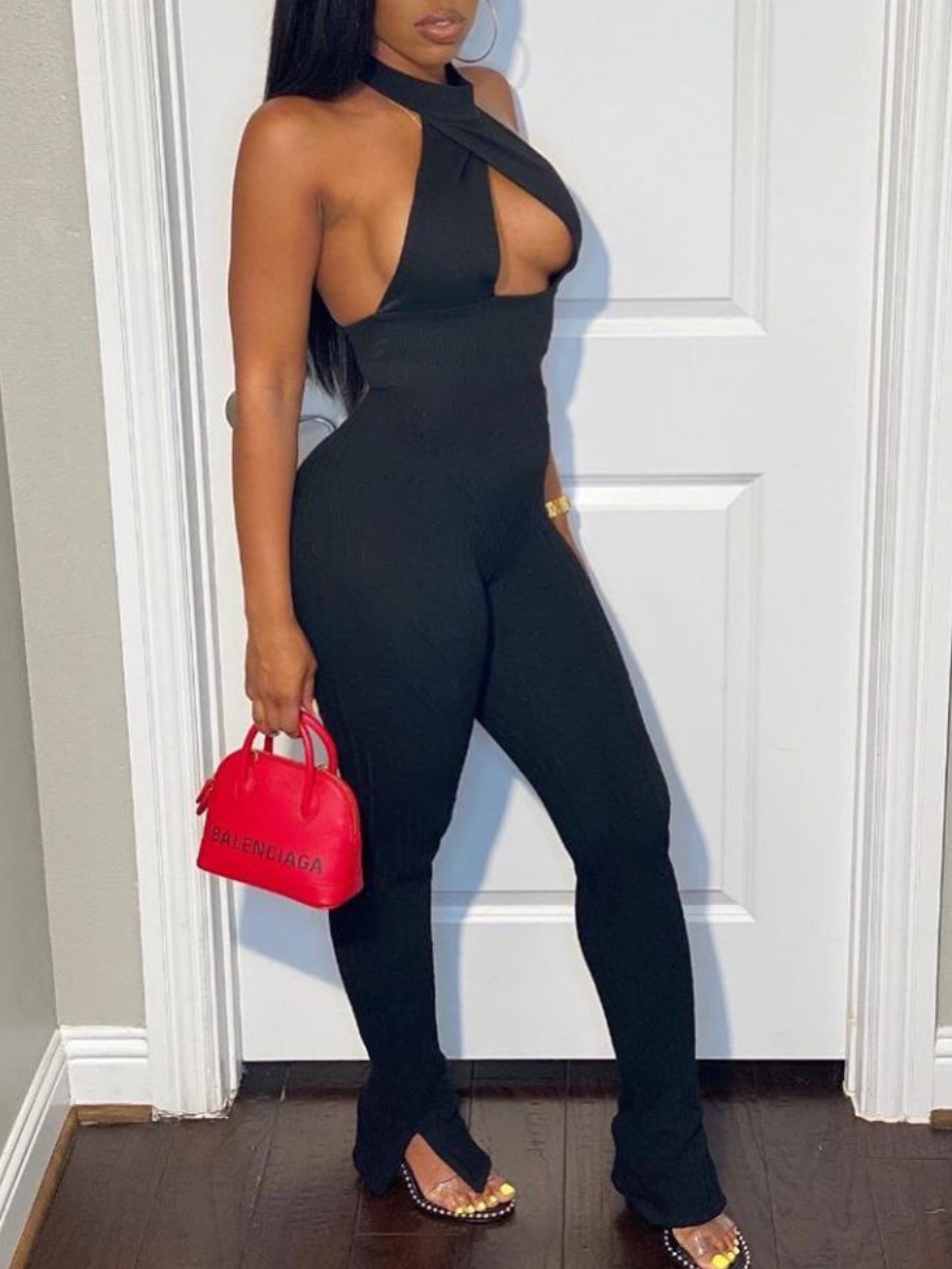 

lovely Sexy Cross-over Design Black One-piece Jumpsuit