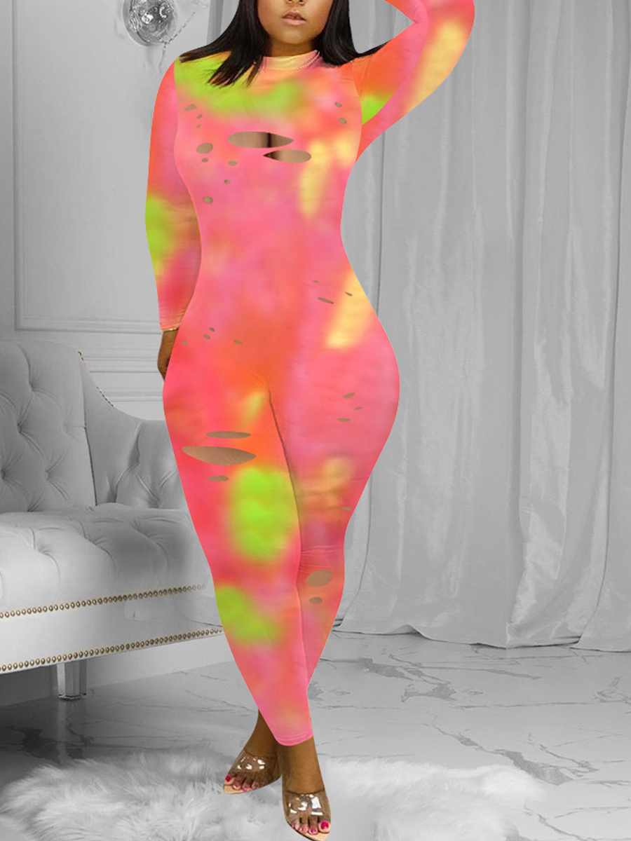

Lovely Trendy Tie-dye Broken Holes Pink One-piece Jumpsuit