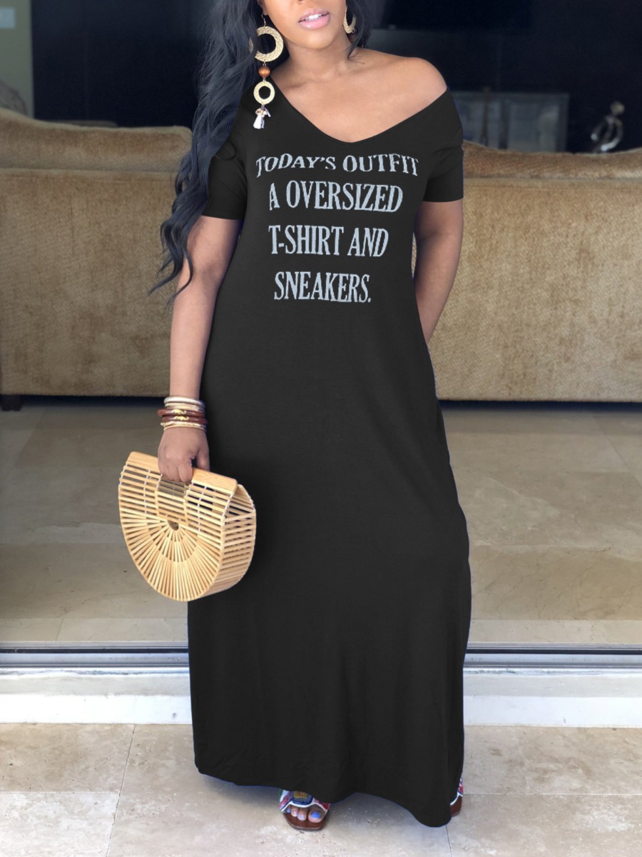 

lovely Casual V Neck Letter Print Black Ankle Length Dress