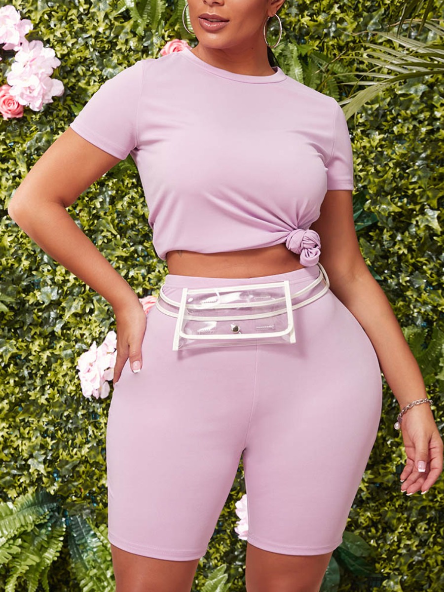 

lovely Leisure O Neck Basic Skinny Purple Two Piece Shorts Set