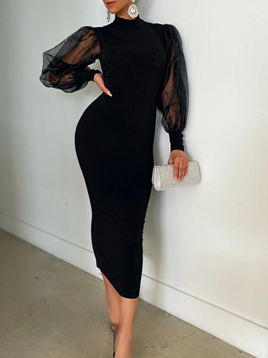 

lovely Temperament Patchwork Skinny Black Mid Calf Dress