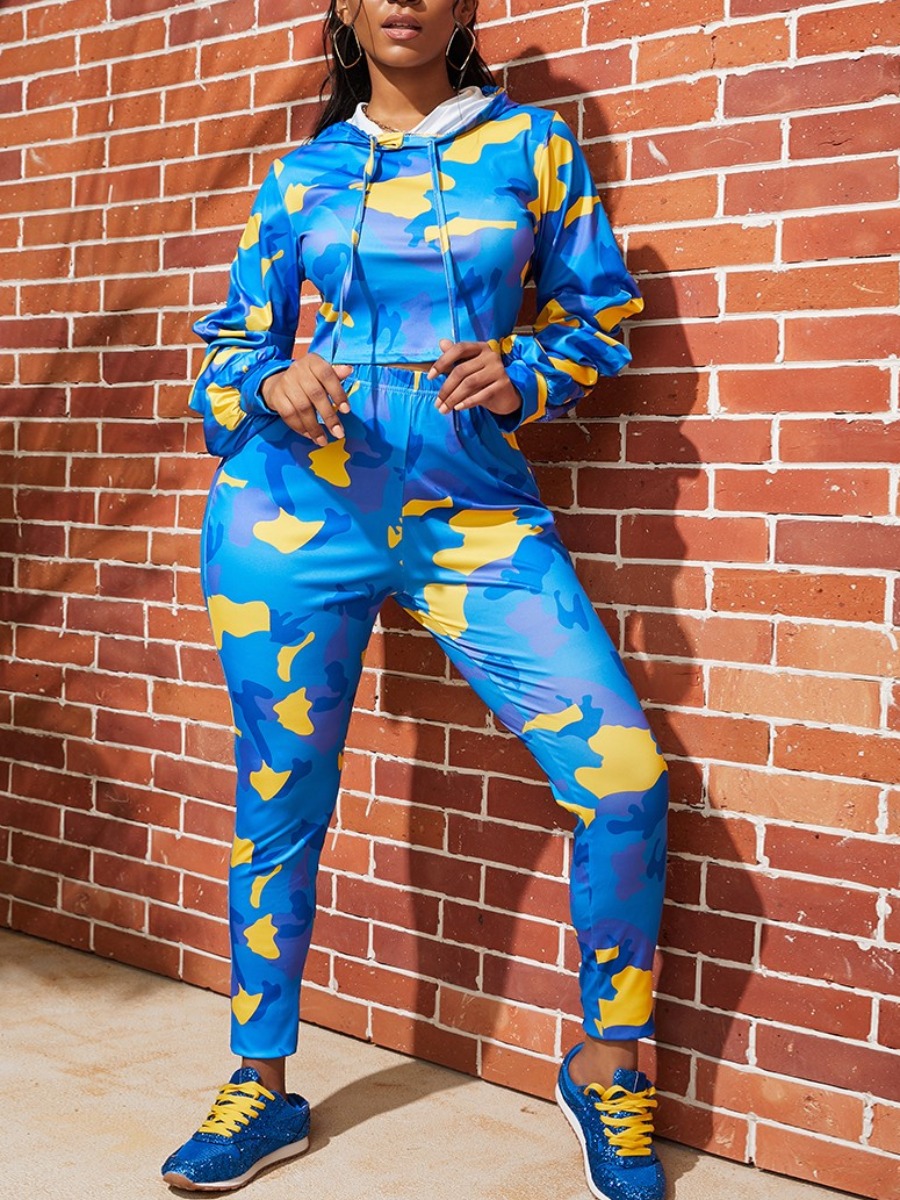 

lovely Sportswear Hooded Collar Print Blue Two Piece Pants Set