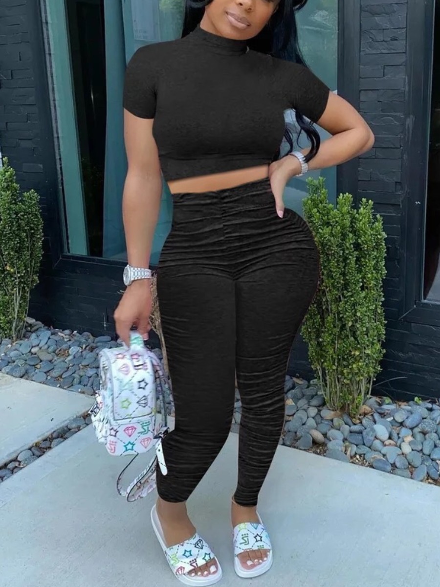 

lovely Leisure Fold Design Black Two Piece Pants Set