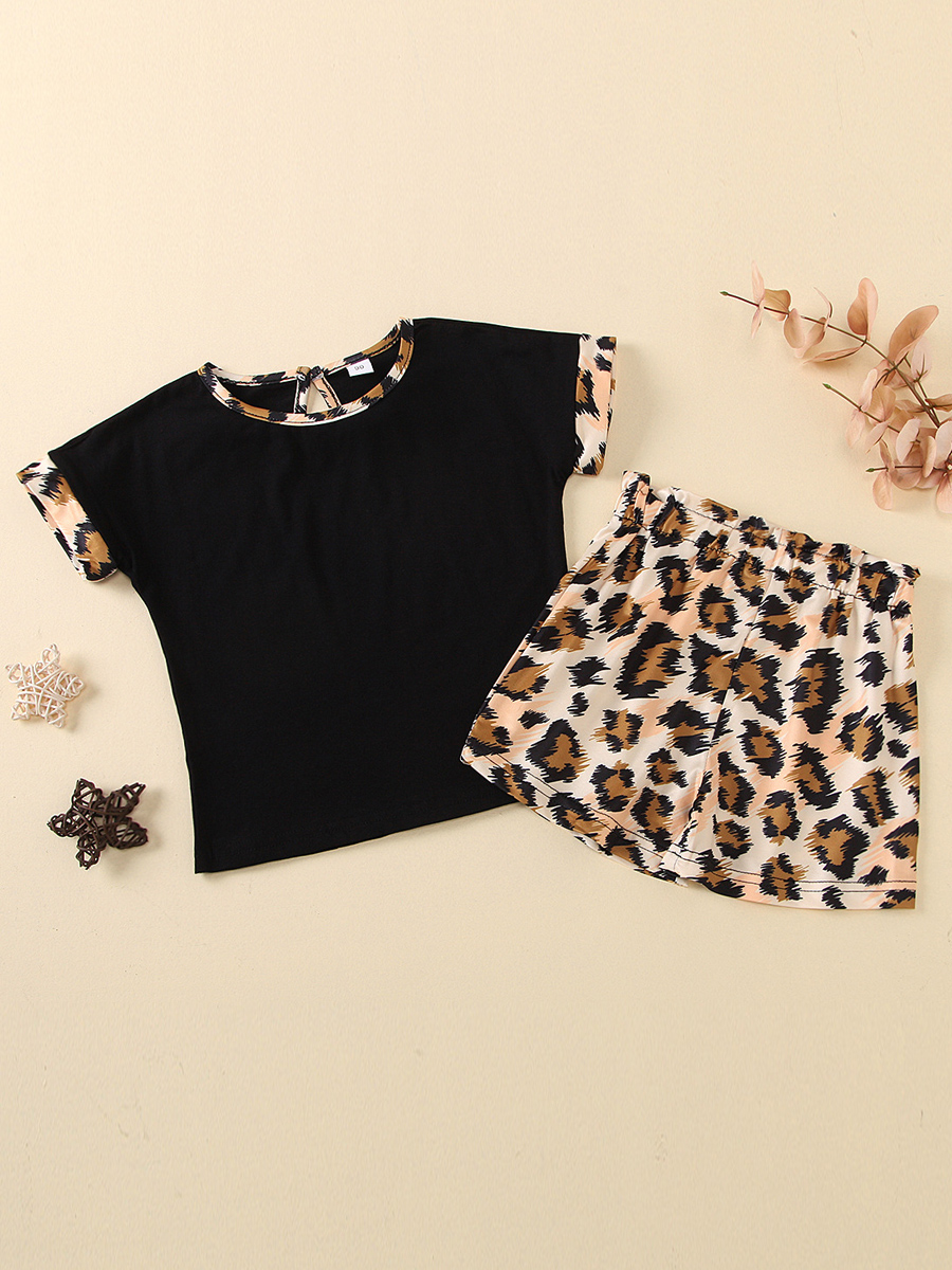 

lovely Casual O Neck Print Black Girl Two-piece Shorts Set
