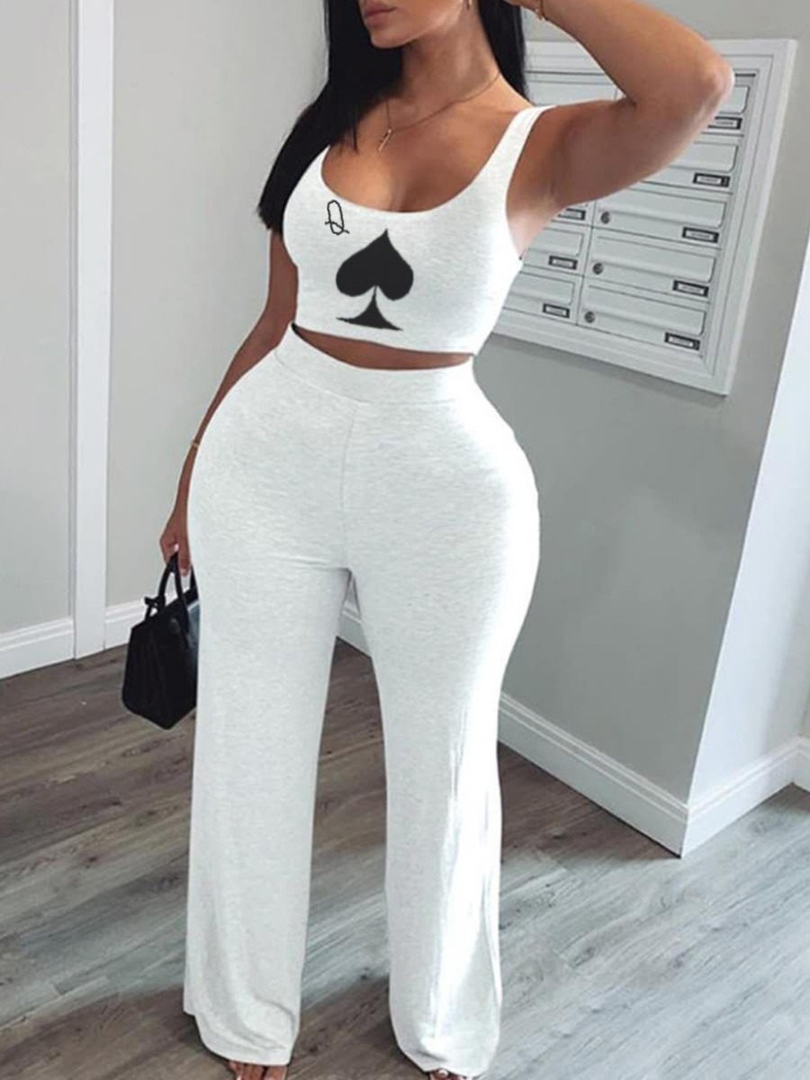 

lovely Casual U Neck Print White Plus Size Two-piece Pants Set