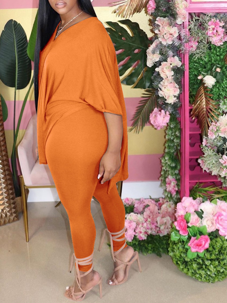 

lovely Casual V Neck Side Slit Light Croci Plus Size Two-piece Pants Set