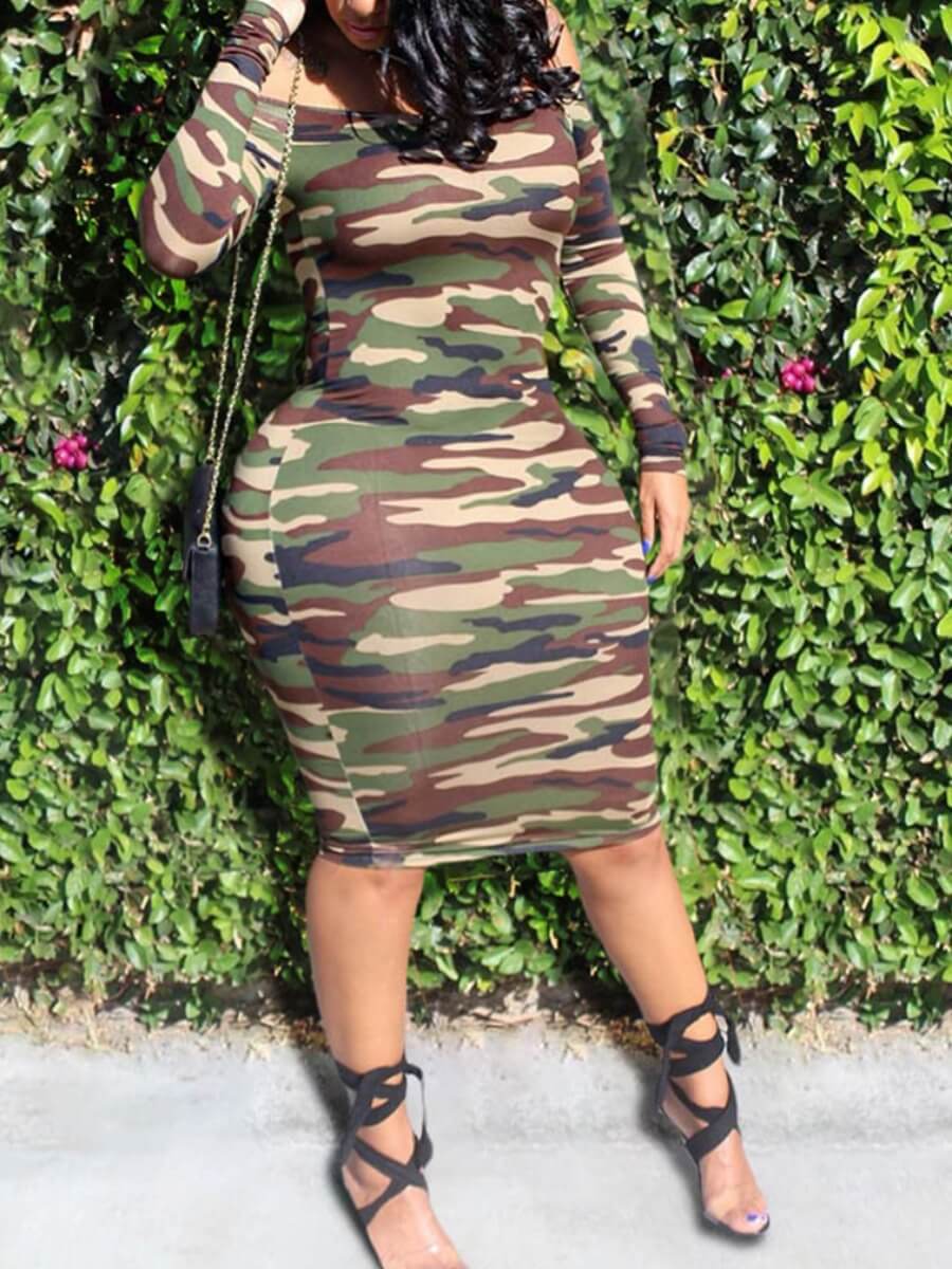 

Lovely Trendy Dew Shoulder Camo Print Knee Length Plus Size Dres