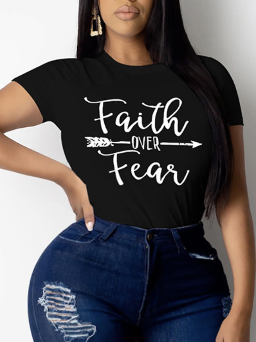 

LW Plus Size Casual O Neck Letter Print Black T-shirt