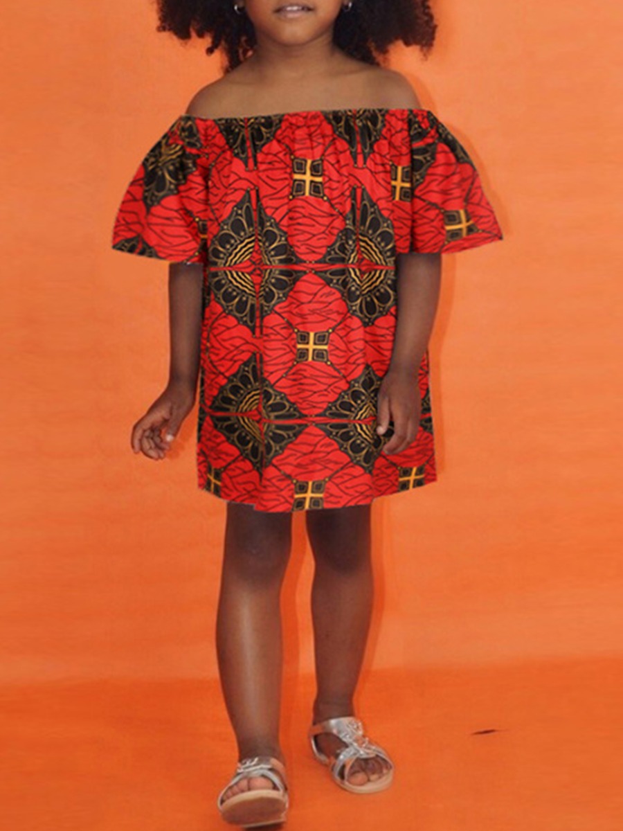 

lovely Casual Dew Shoulder Print Red Girl Mini Dress