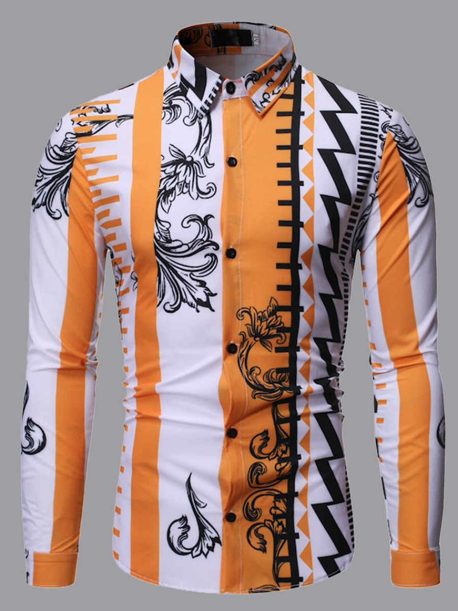 

Men lovely Casual Turndown Collar Striped Print Yellow Shirt