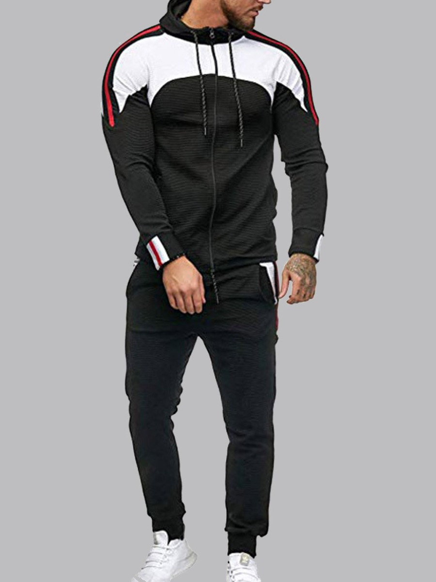 

Men lovely Sportswear Hooded Collar Patchwork Black Two-piece Pants Set