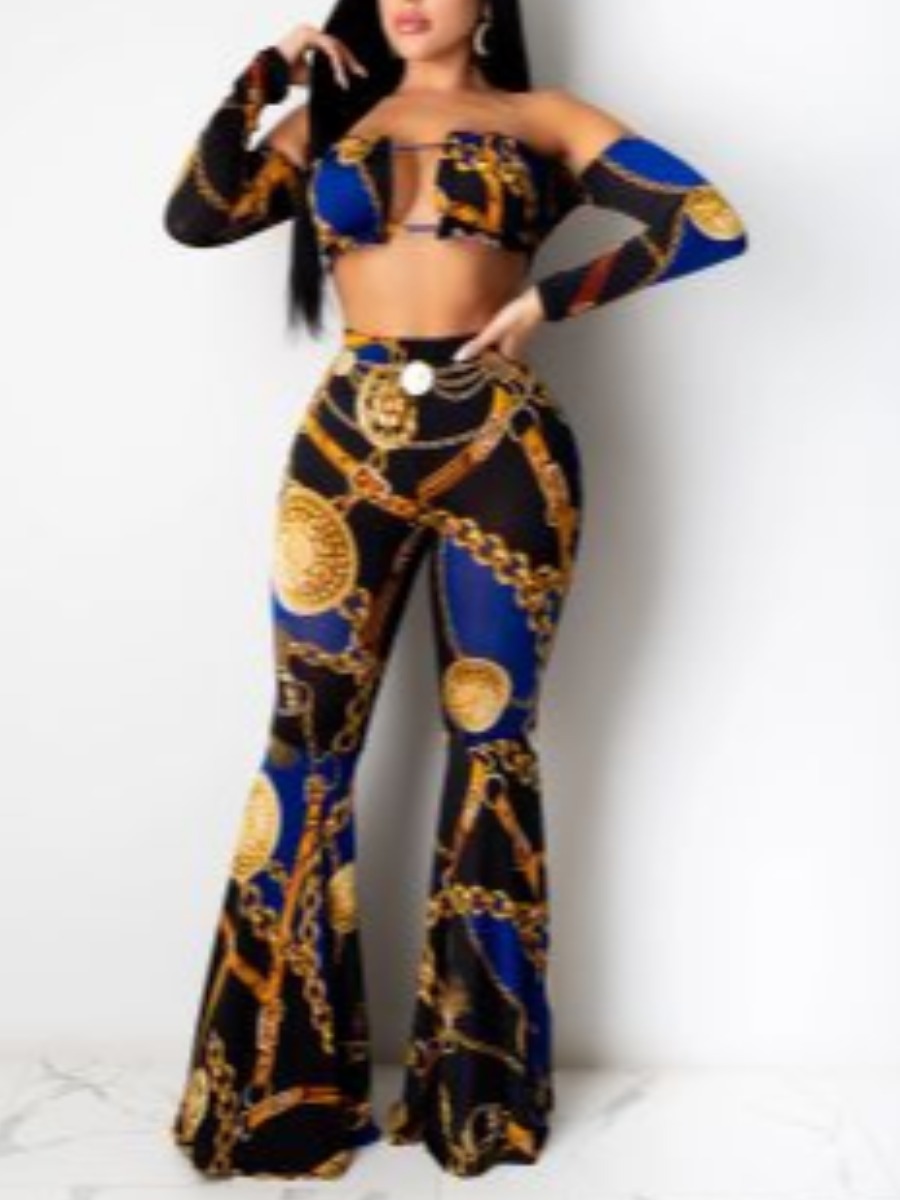 

lovely Trendy Dew Shoulder Versace Print Black Two Piece Pants Set