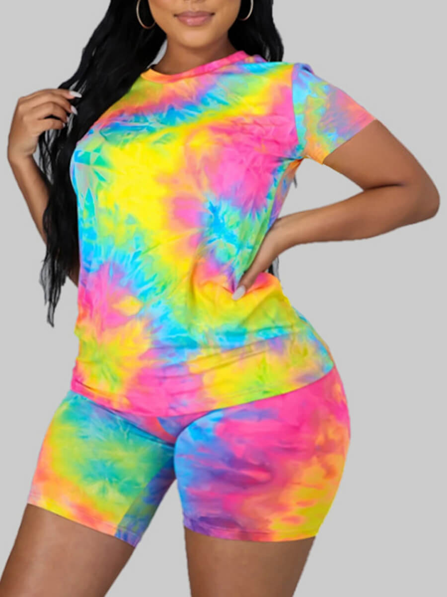 

LW Plus Size Round Neck Tie-dye Shorts Set, Rose red