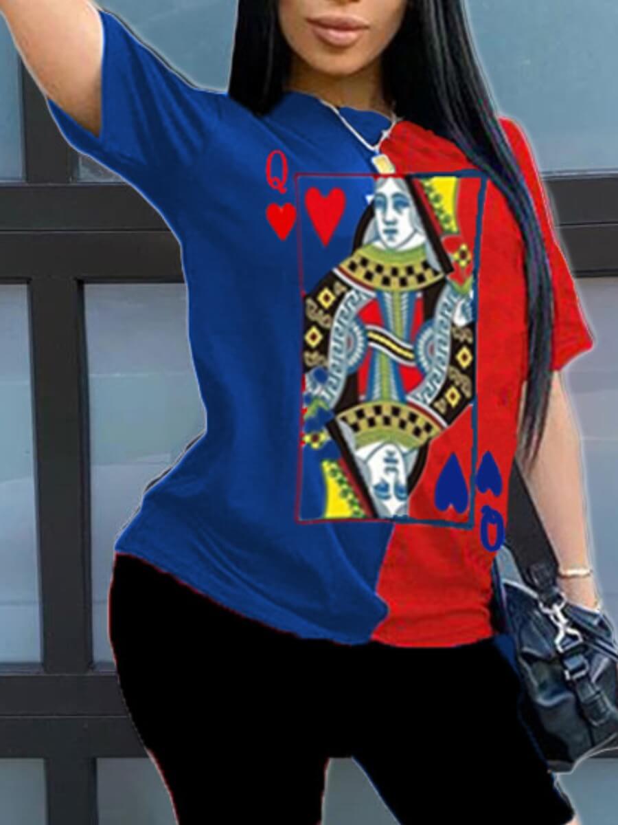 LW Plus Size Casual O Neck Print Patchwork Blue T-shirt