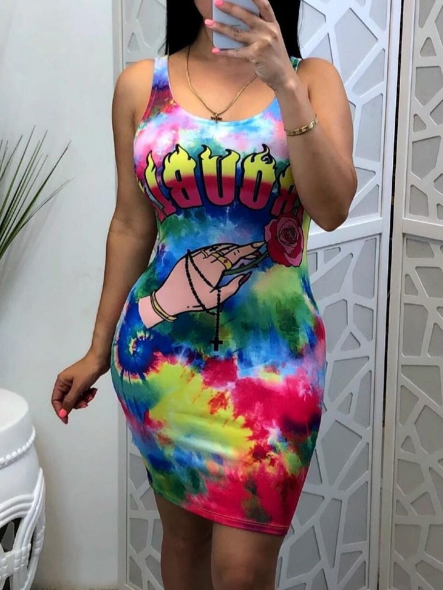 

lovely Street U Neck Tie-dye Multicolor Mini Dress, Multi