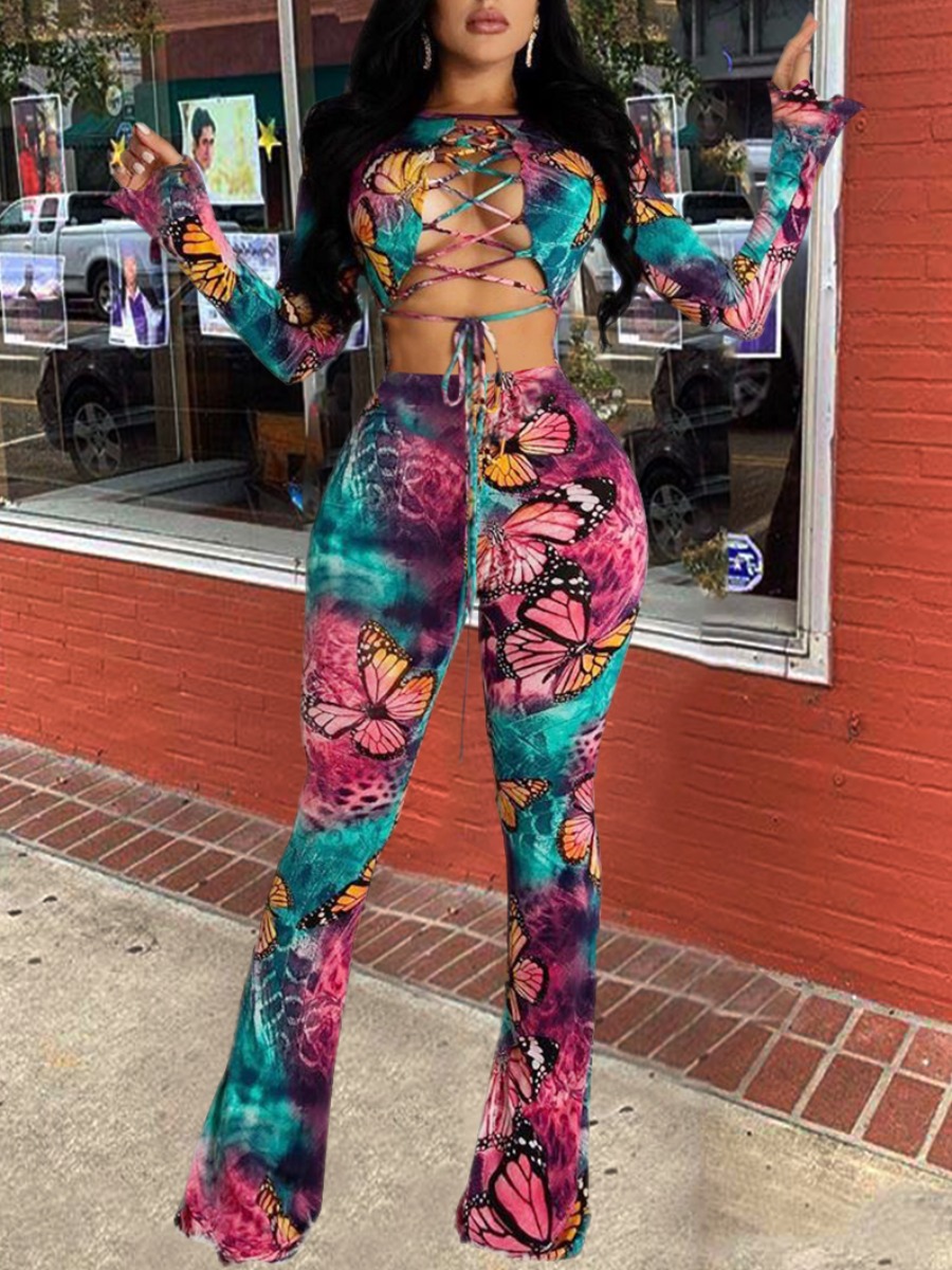 

lovely Trendy Butterfly Print Bandage Design Dusty Pink Two Piece Pants Set(Batch Print