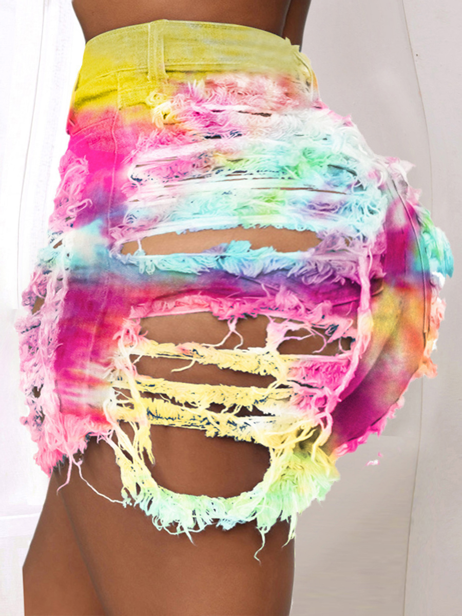 

lovely Street Tie-dye Broken Holes Yellow Plus Size Denim Shorts