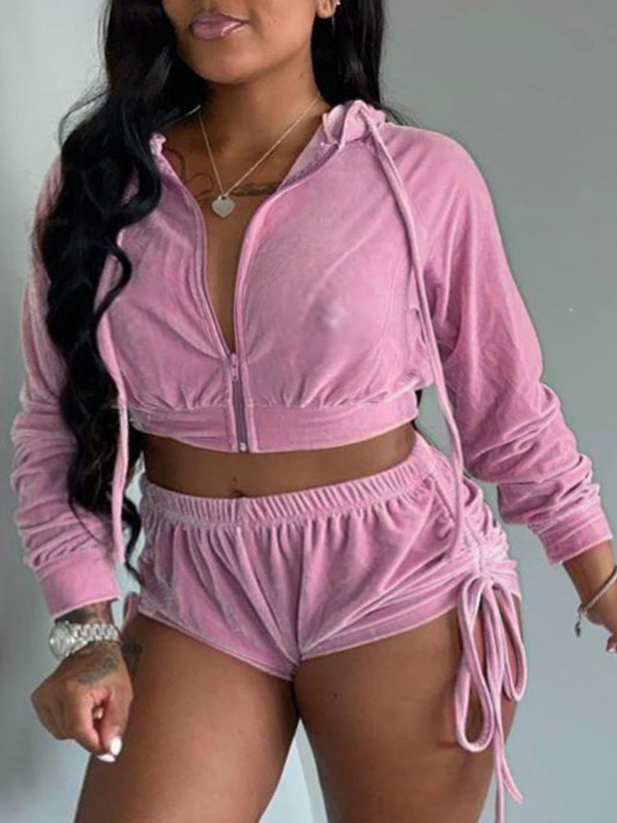 

lovely Sportswear Hooded Collar Drawstring Pink Two Piece Shorts Set