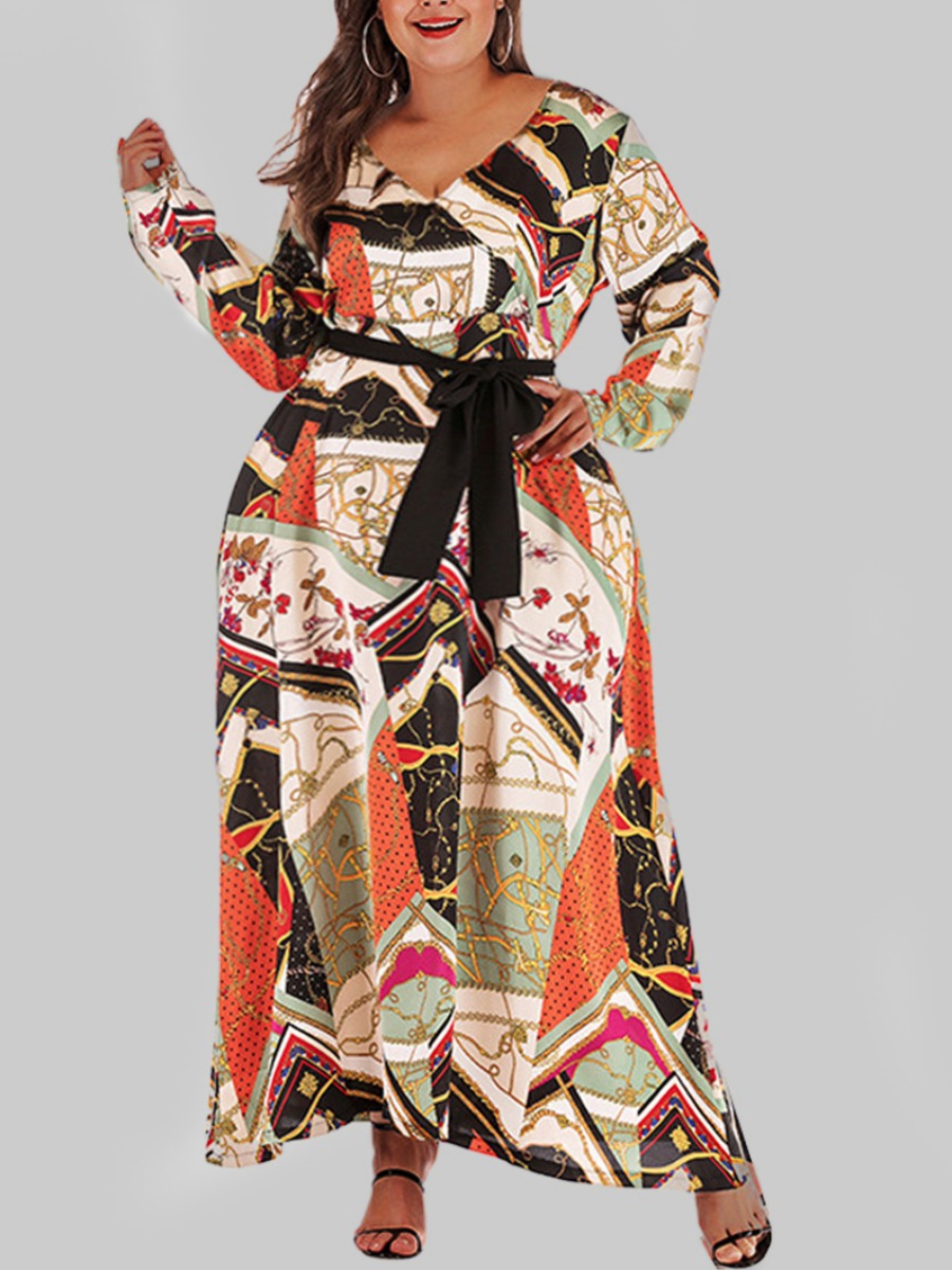 

lovely Trendy V Neck Versace Print Multicolor Ankle Length Plus Size Dress, Multi