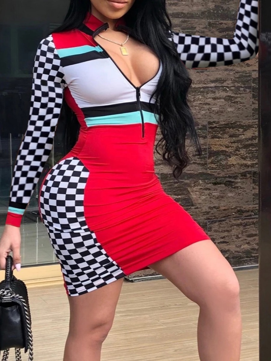 

lovely Trendy Print Patchwork Black And White Mini Dress, Black & white tartan