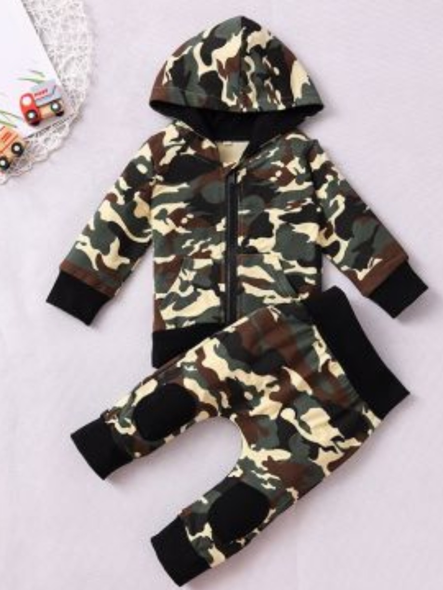 

lovely Street Hooded Collar Camo Print Boy Two-piece Pants Set
