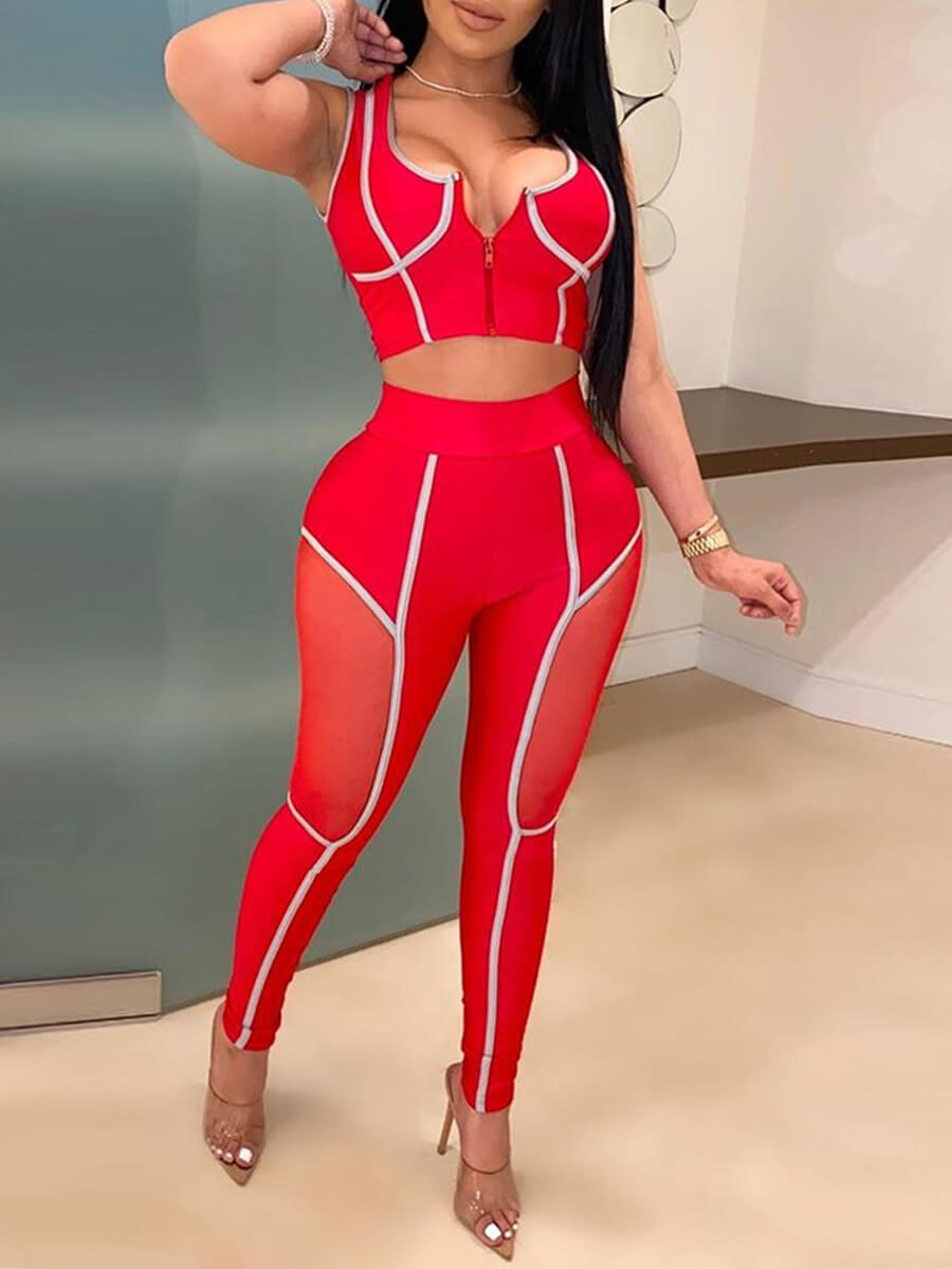 LW Sexy Zipper Design Red Two-piece Pants Set