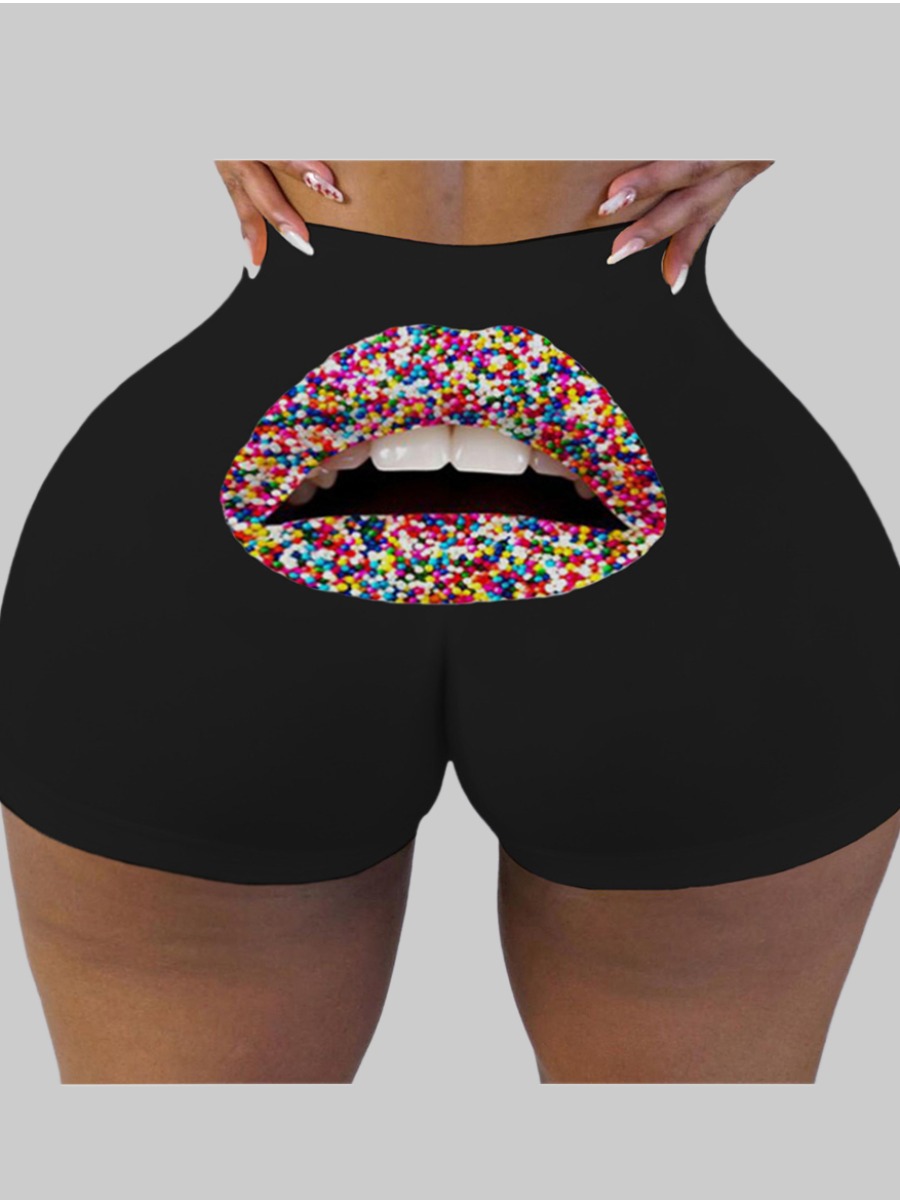 

lovely Casual Lip Print Black Plus Size Shorts