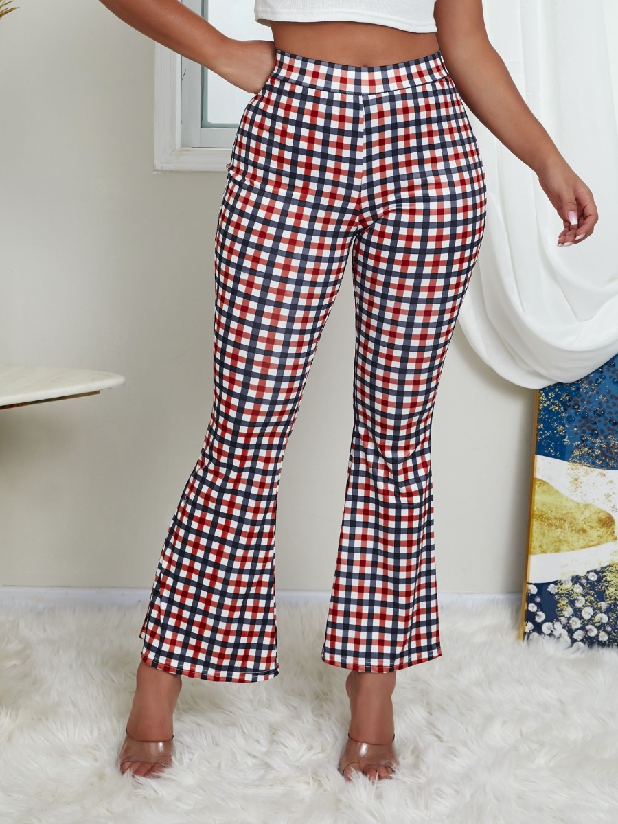 

lovely Trendy Grid Print Flared Multicolor Pants, Multicolor lattices